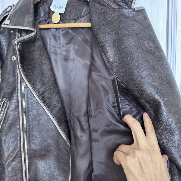 OVERSIZED Vintage Biker Style Vegan Leather Jacket Washed Size S M L Dark Brown - Picture 6 of 10